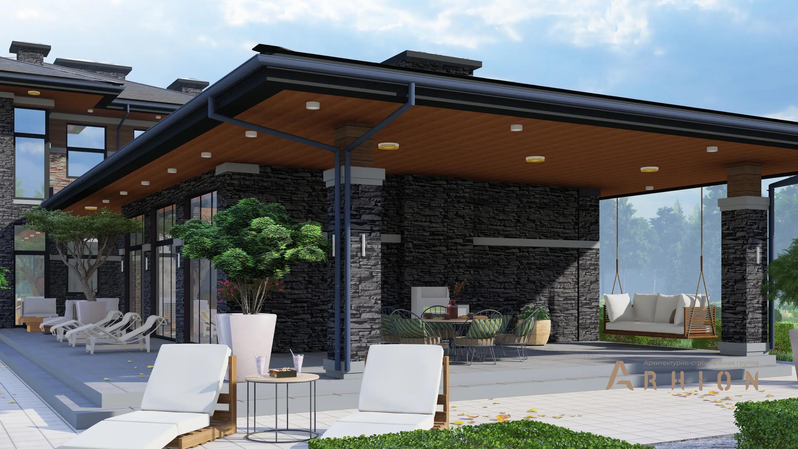 9. Проект двухэтажного дома в стиле Ллойда Райта (прерий) с четырехскатной, h-1604, площадью - 433 кв c сауной, терассой, гаражом, бассейном